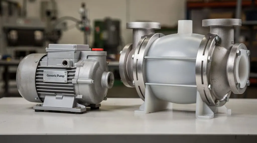 Comparison of standard plastic pump vs externally metal reinforced PP pump for industrial use