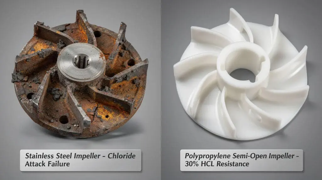 Comparison showing a corroded stainless steel impeller versus a pristine polypropylene impeller after exposure to Hydrochlori