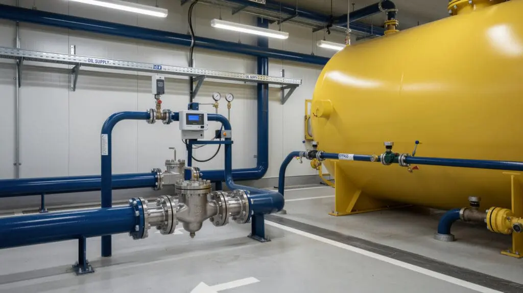 Correct industrial installation of an oil flow meter with Y-strainer and bypass manifold