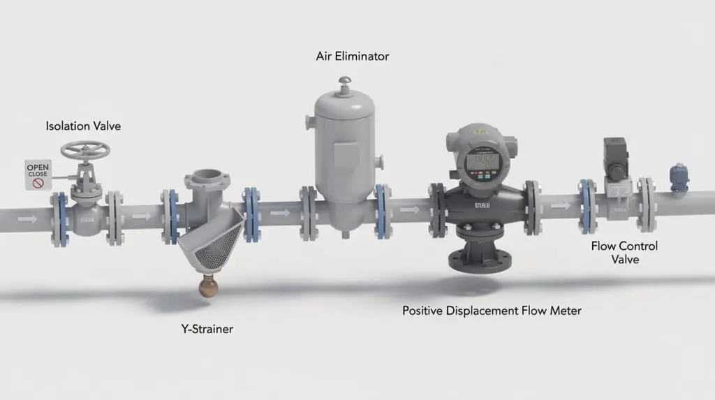 Correct installation diagram for a fuel flow meter showing strainer and air eliminator