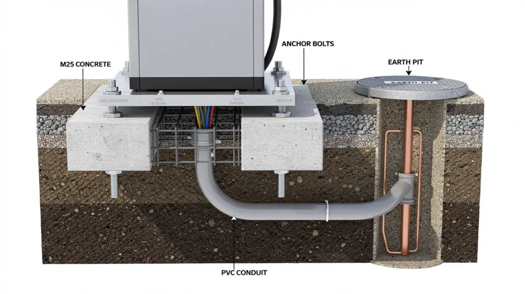 Cross-section diagram of fuel dispenser concrete foundation and earth pit