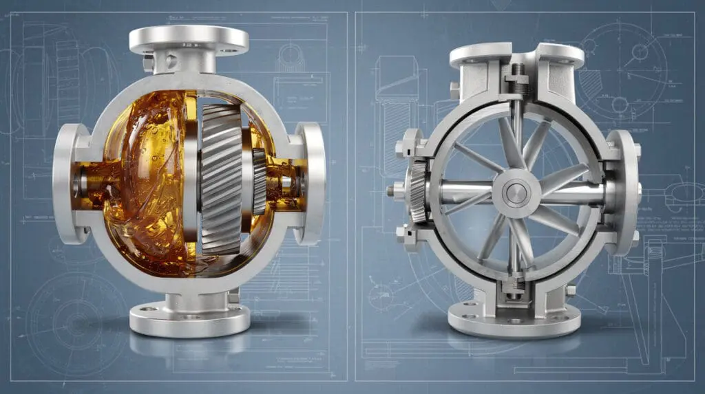 Cross section diagram showing positive displacement vs turbine oil flow meter mechanics