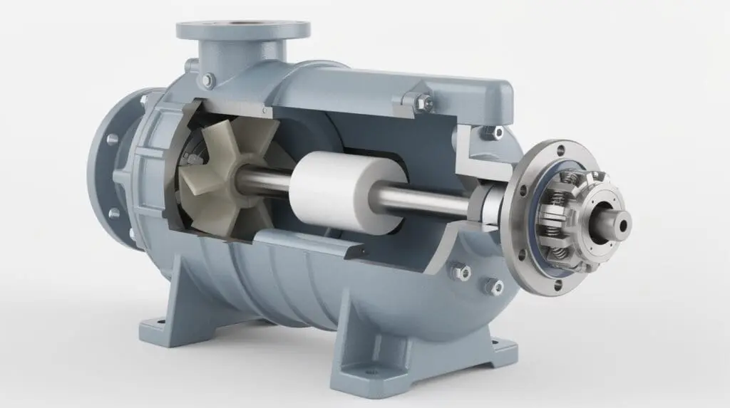 Cutaway diagram of a PP Centrifugal pump showing semi-open impeller and mechanical seal