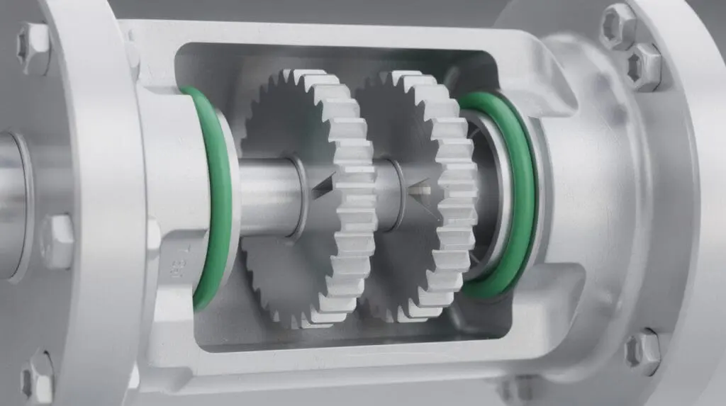 Cutaway view of positive displacement flow meter showing aluminum oval gears and Viton seals