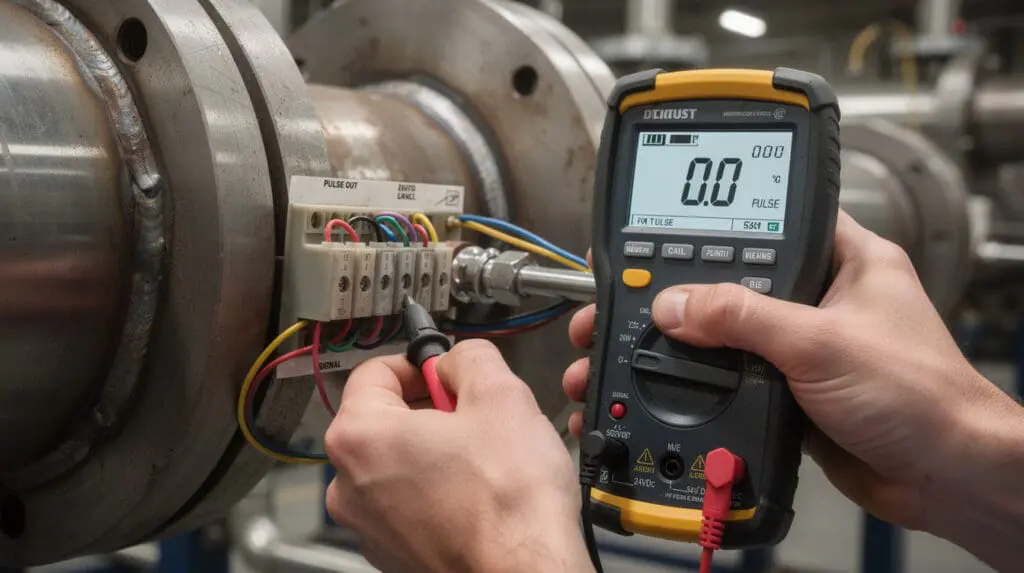 Diagnosing flow meter signal loss with a multimeter on an industrial pipeline