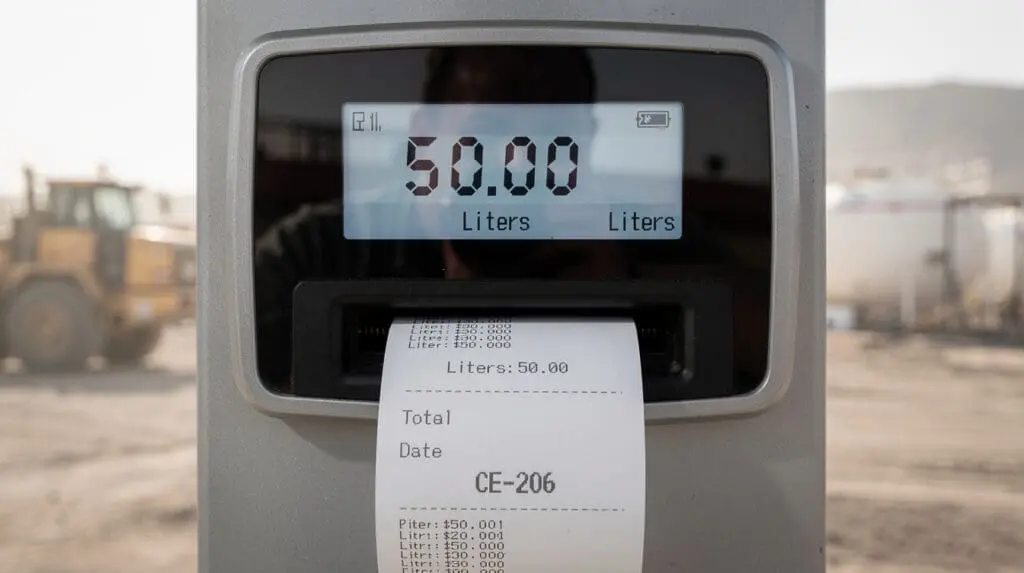 Digital fuel dispenser display with thermal receipt printer showing delivery data