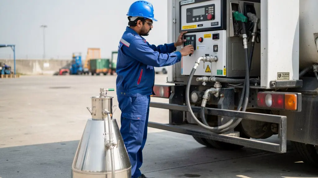 Engineer calibrating a mobile fuel dispenser using a 20-liter standard volumetric measure