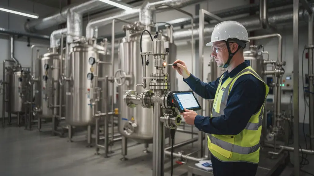 Engineer calibrating an automated liquid dosing system