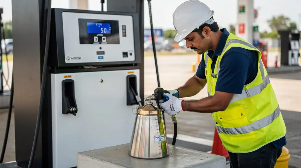 Engineer calibrating fuel dispenser using a 20-liter proving measure