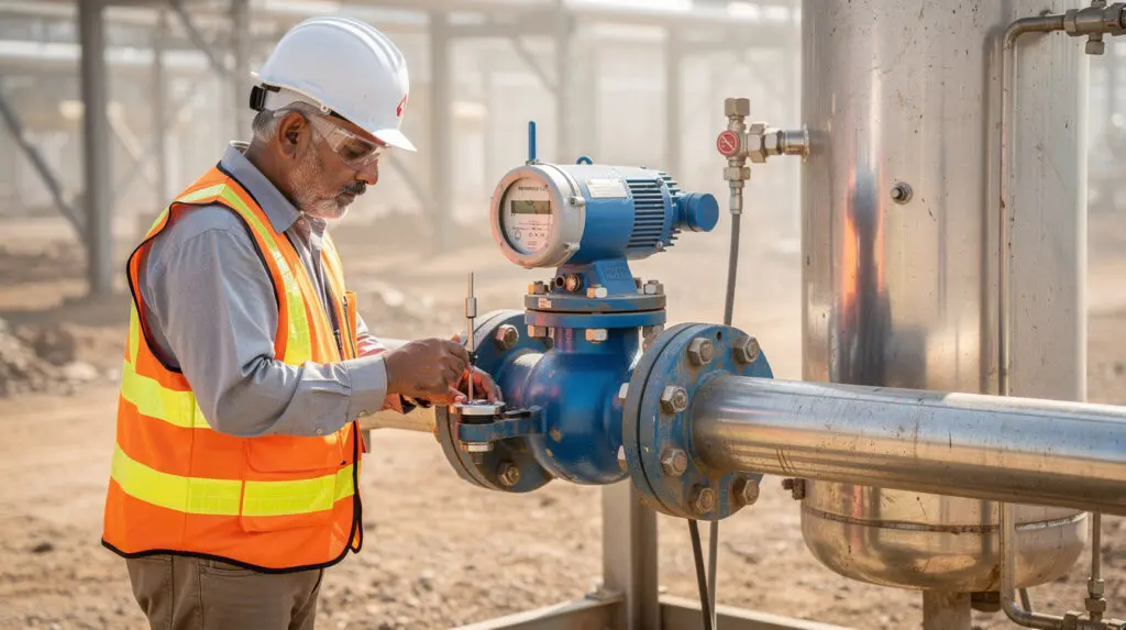 Engineer calibrating industrial fuel management system flow meter
