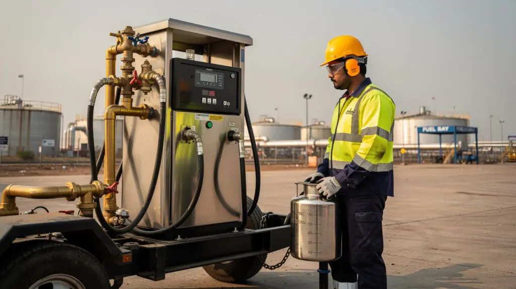 Engineer calibrating mobile fuel dispenser with proving can