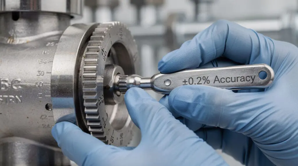 Engineer calibrating the micro-adjuster wheel on a high precision diesel flow meter