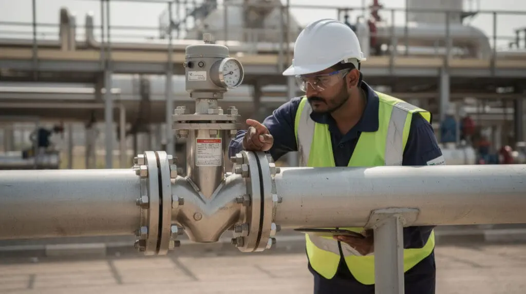 Engineer inspecting flow meter installation with upstream Y-strainer filtration