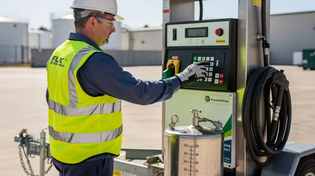 Engineer performing volumetric calibration on a mobile fuel dispenser using a 50-liter proving measure