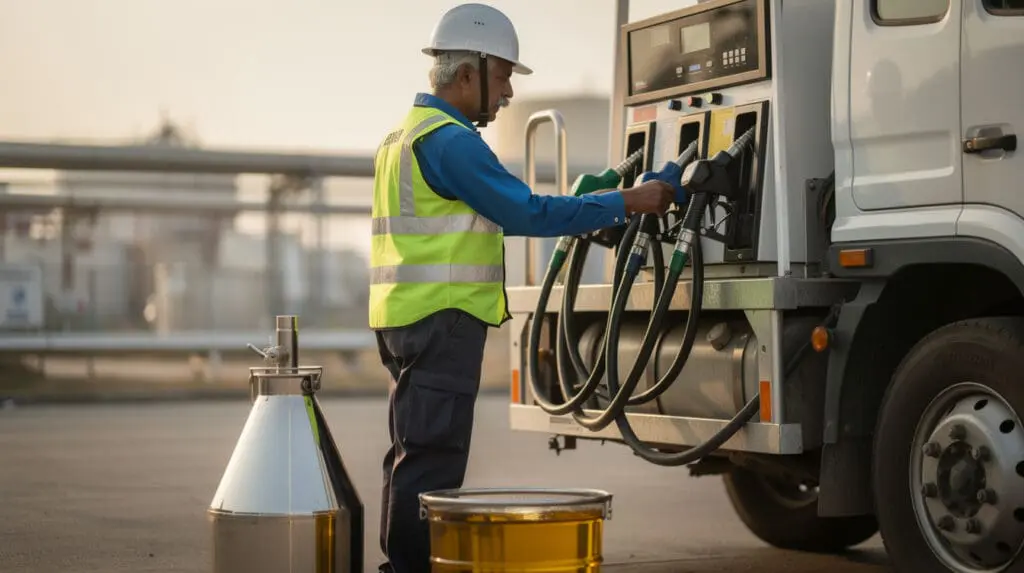 Engineer performing volumetric proving and calibration on a mobile fuel dispenser