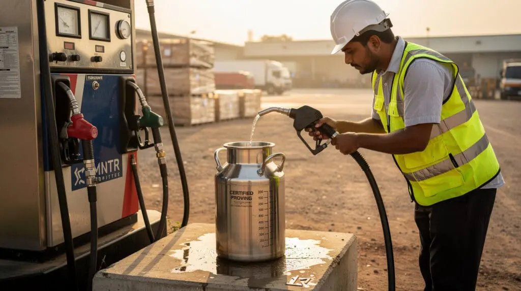 Engineer performing volumetric proving calibration on a mobile fuel dispenser in an industrial setting