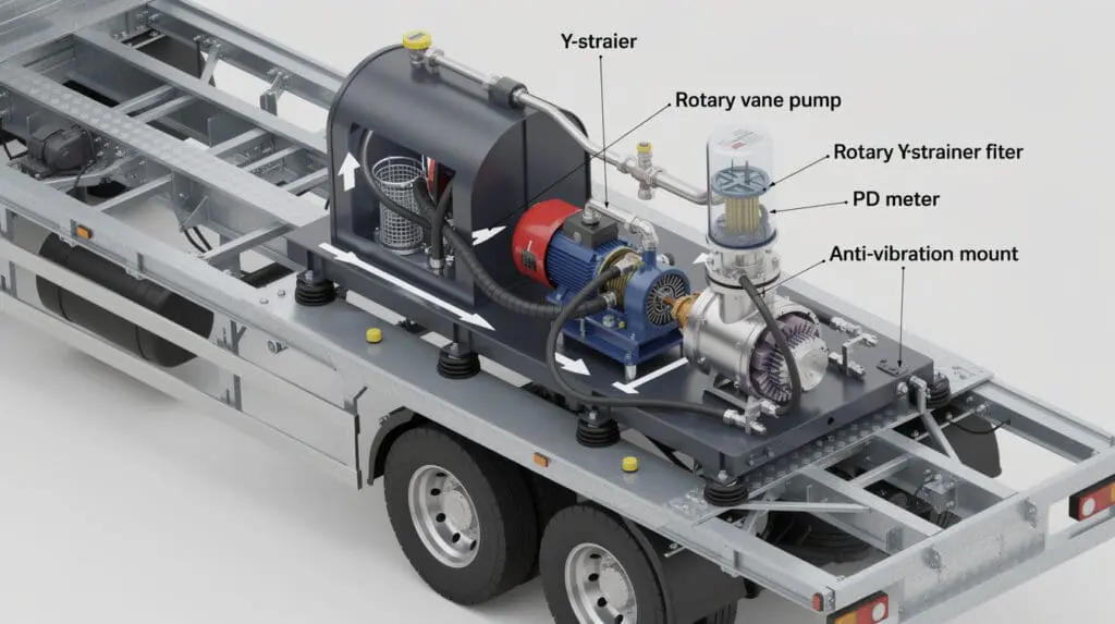 Engineering diagram showing vibration isolation and installation of mobile fuel dispenser skid