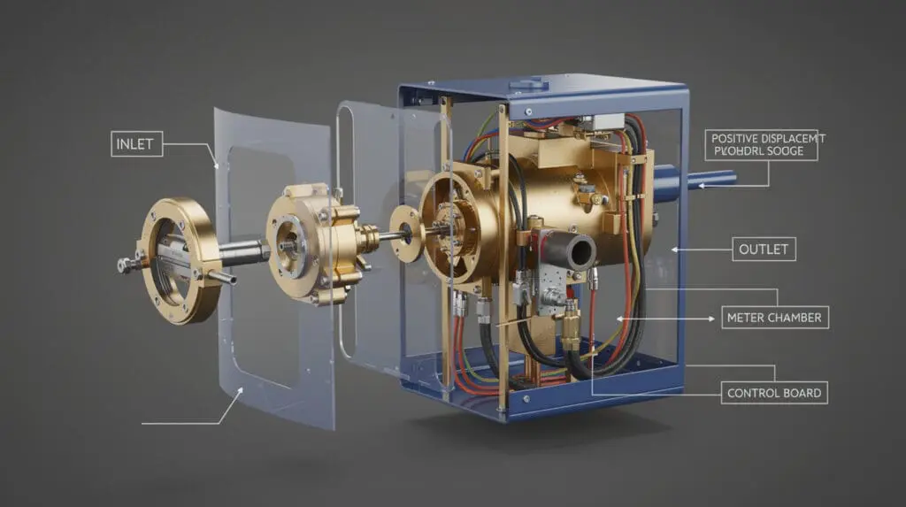 Exploded technical diagram of a CE-117 digital dispenser showing brass internals and positive displacement meter
