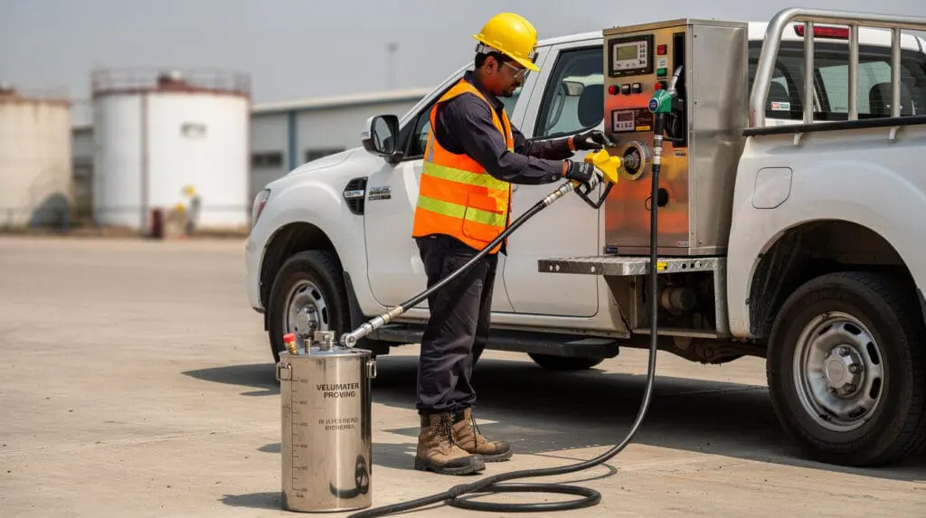 Field calibration of a mobile fuel dispenser using a 20-liter proving measure