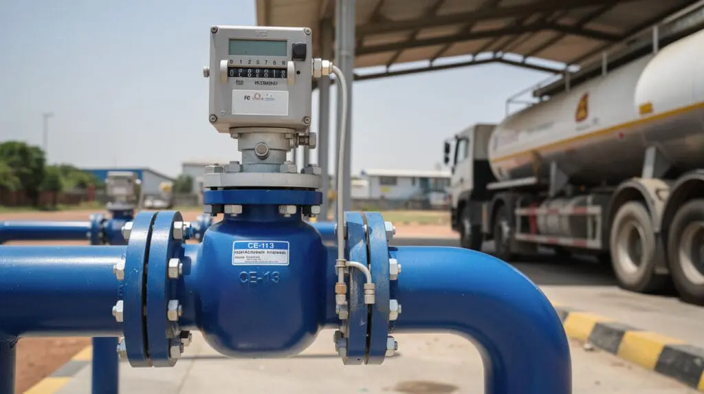 High accuracy diesel flow meter installed at a bulk unloading gantry for industrial fuel management