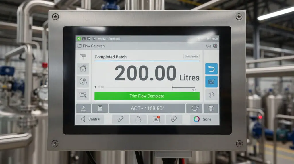 HMI touch panel showing exactly 200 liters batch completion