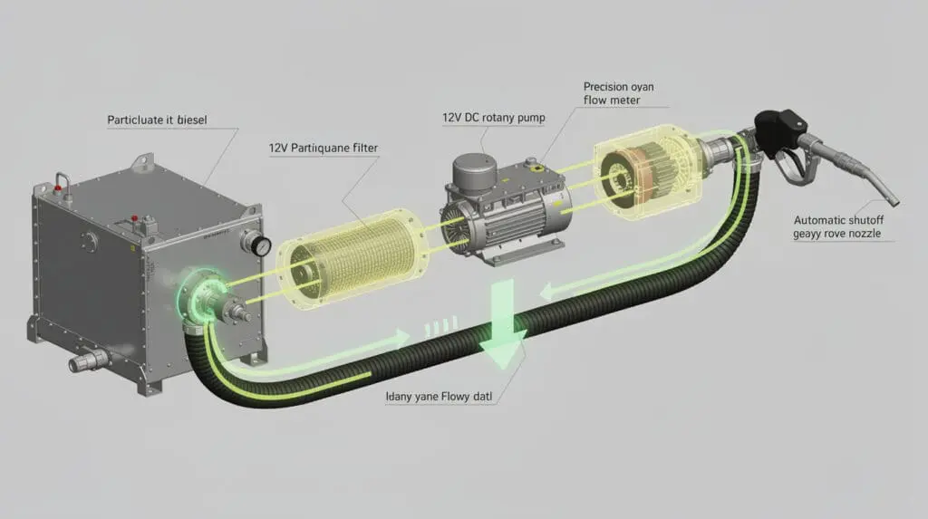 Hydraulic flow schematic of a DC powered mobile fuel dispensing system