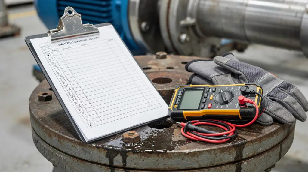 Industrial diagnostic tools and maintenance checklist on a pump baseplate