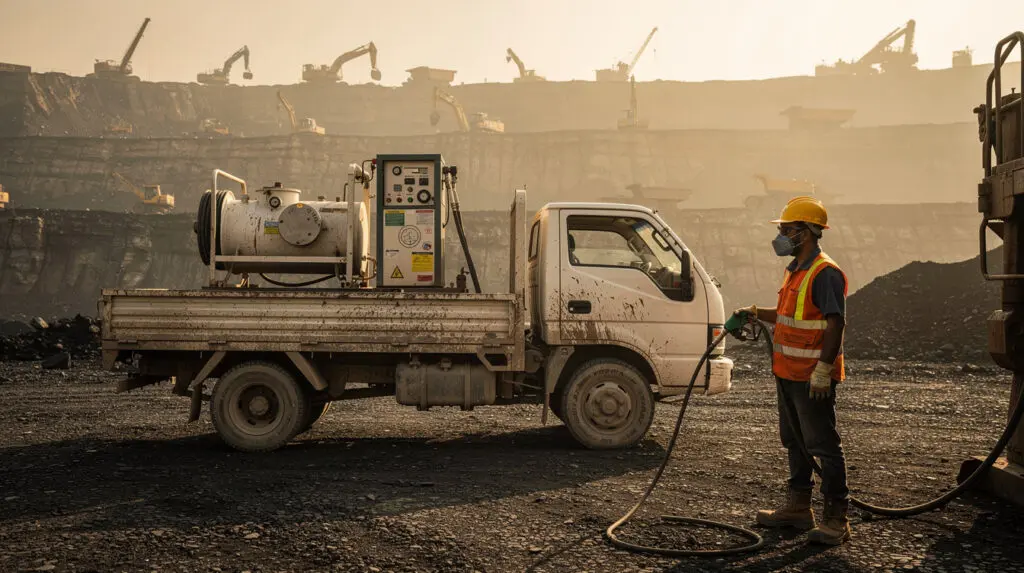 Mobile fuel dispenser mounted on a service truck bed refueling an excavator at a mining site.