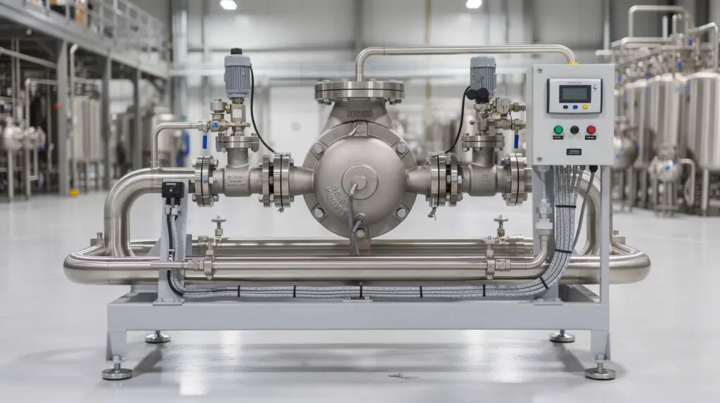 OIML compliant liquid batching skid with pneumatic valves