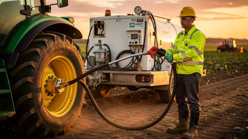 Operator using automatic shut off nozzle from mobile fuel dispenser to fill a tractor