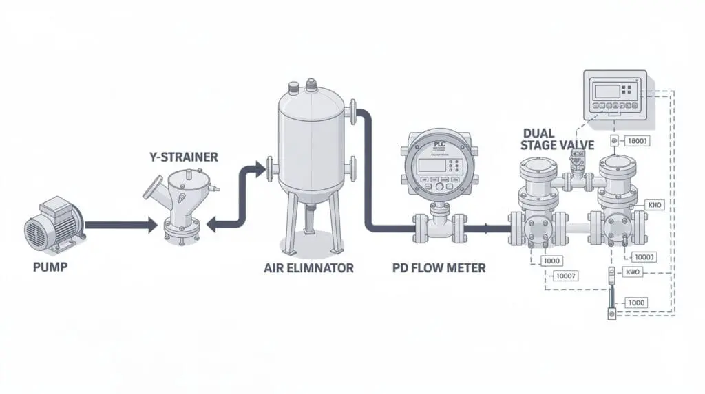 P&ID diagram of a liquid batching system showing air eliminator and dual stage valve