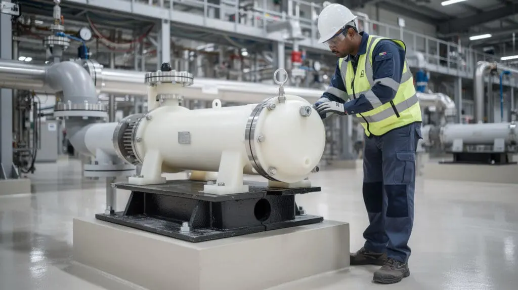 Plant engineer inspecting a corrosive chemical pump installation in a steel mill