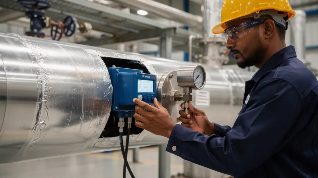 Plant engineer inspecting a digital oil flow meter and strainer on an insulated furnace oil pipeline