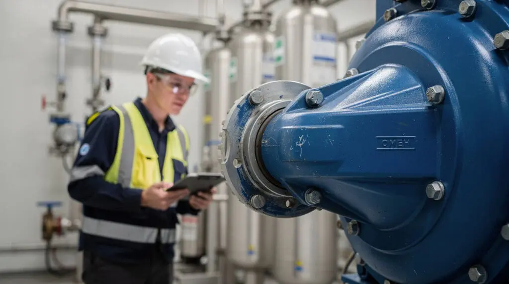 Plant engineer inspecting a PP chemical pump at an effluent treatment plant
