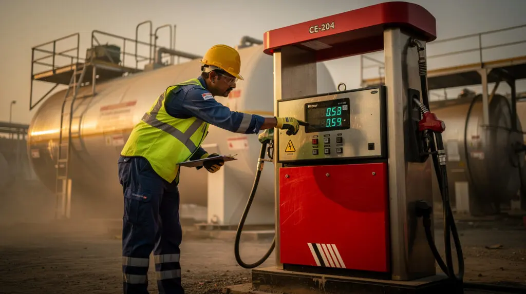 Plant engineer troubleshooting an industrial fuel dispenser in a factory