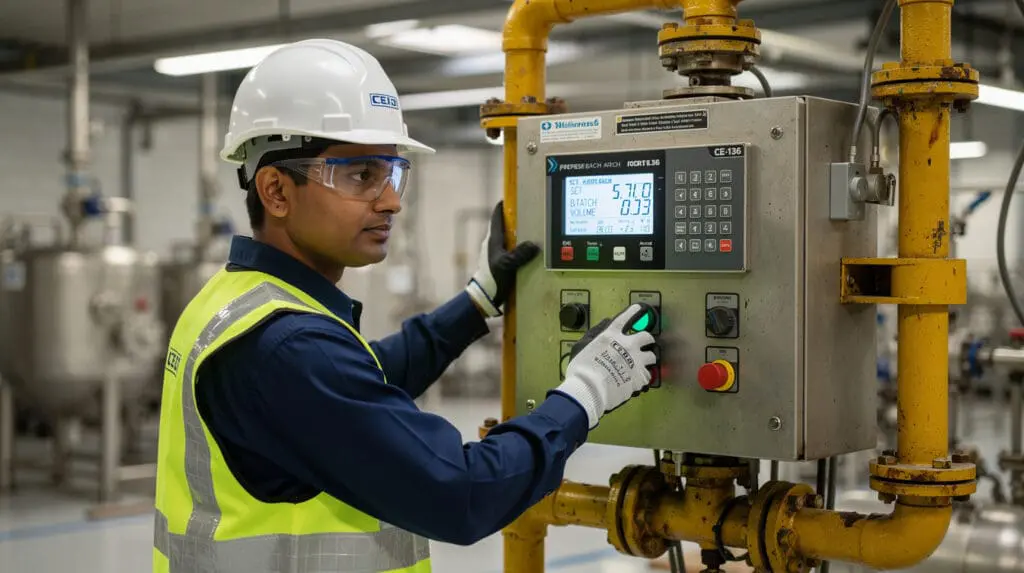 Plant operator using a preset batch controller for precision dosing