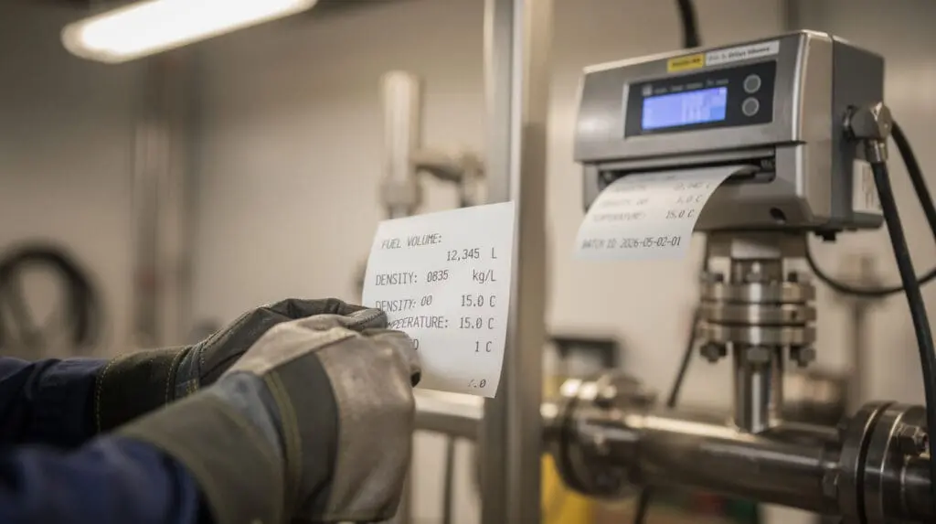 Printed transaction receipt from a custody transfer fuel flow meter ticket printer