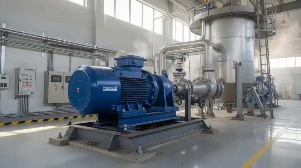 Proper industrial installation of a Polypropylene pump on a grouted baseplate in an Indian chemical plant.