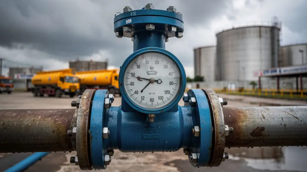 Rugged mechanical positive displacement diesel flow meter installed at an industrial depot in India