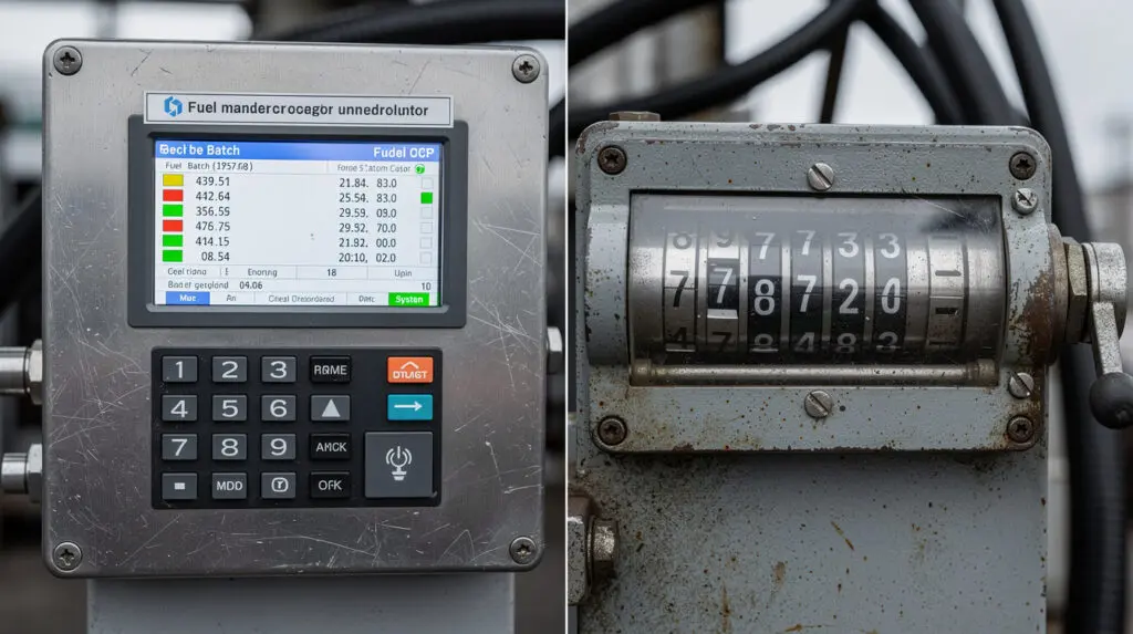 Side-by-side comparison of digital LCD preset interface and mechanical dial counter for fuel dispensers