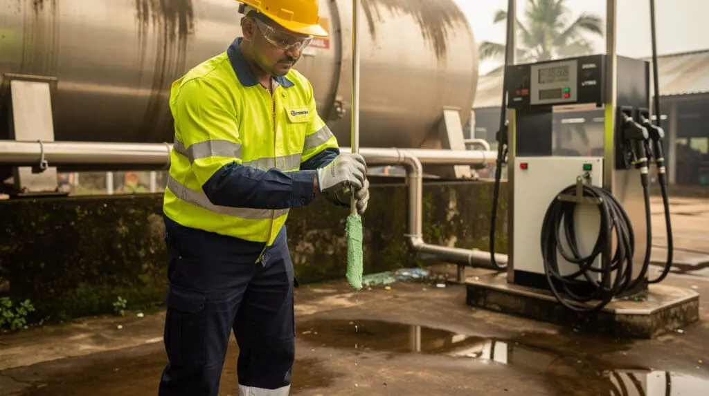 Technician checking diesel storage tank for water contamination to protect dispenser