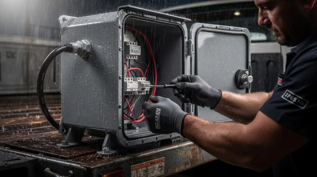 Technician checking waterproof mobile fuel dispenser in monsoon conditions