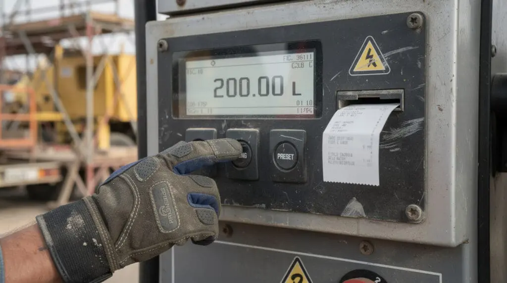 Worker operating digital preset controller and receipt printer on CE-206 mobile fuel dispenser