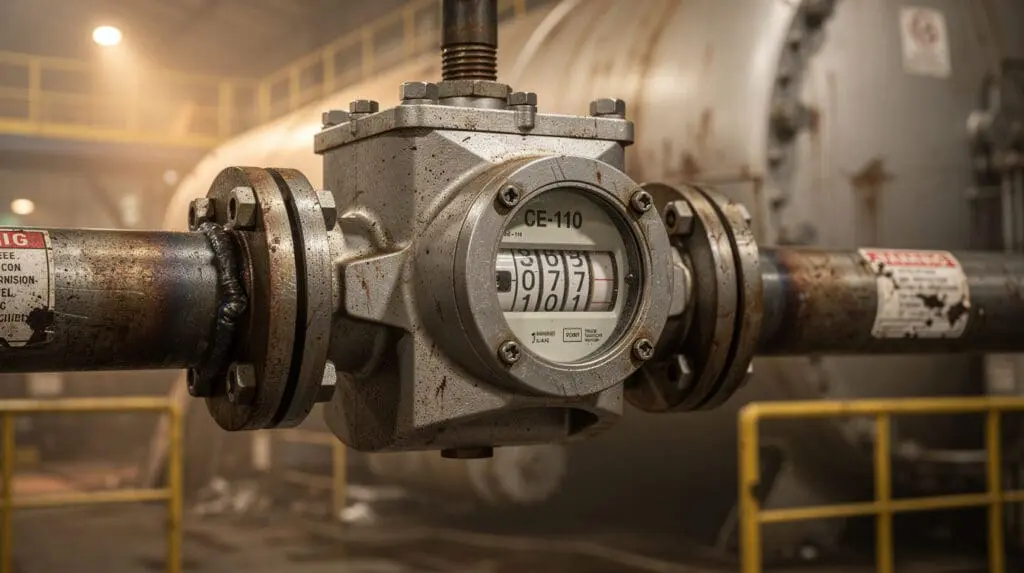 CE-110 mechanical positive displacement flow meter installed on an industrial diesel boiler feed line