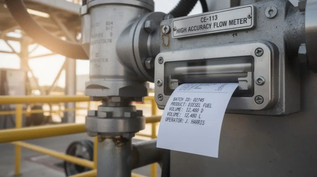 CE-113 high accuracy positive displacement meter printing a custody transfer batch ticket