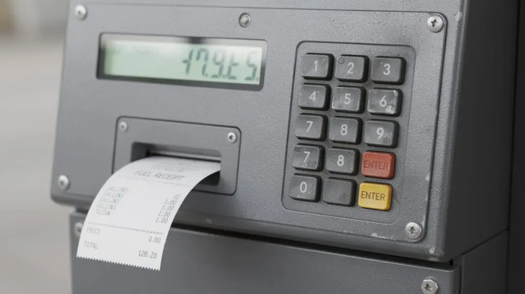 CE-206 digital mobile fuel dispenser interface showing LCD screen and receipt printer