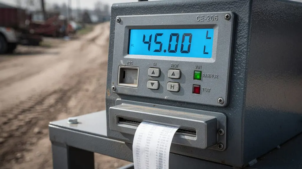 Close-up of digital fuel dispenser LCD screen and receipt printer