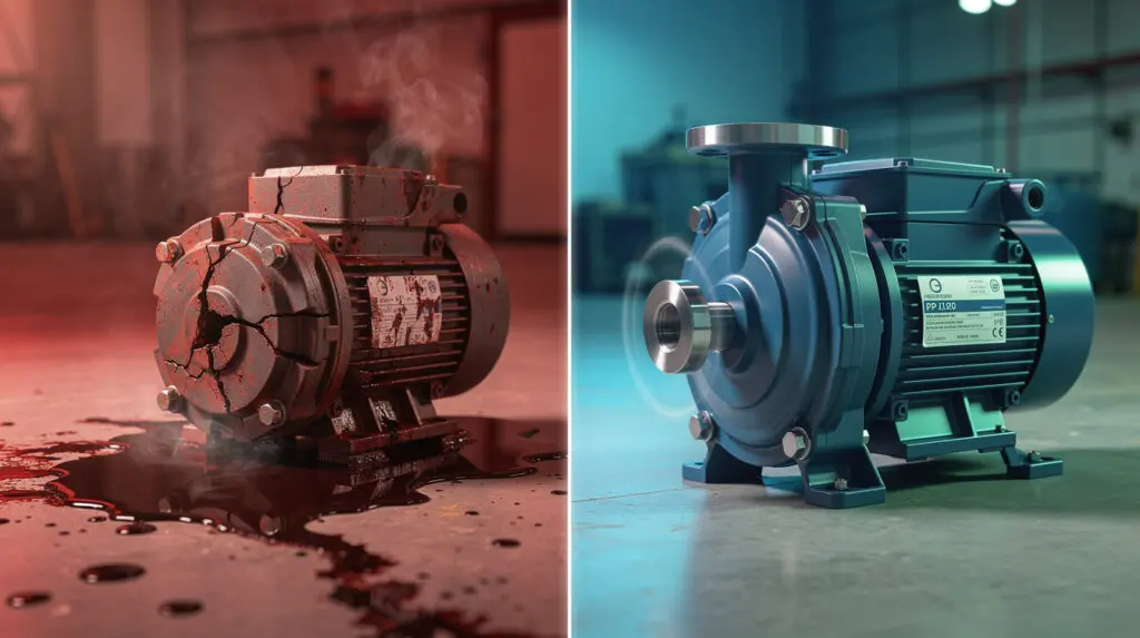 Comparison between cheap leaking PP pump and reliable engineered chemical pump