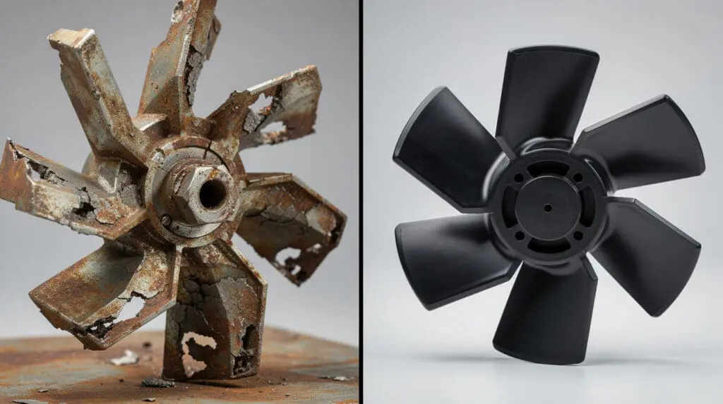 Comparison of corroded stainless steel impeller versus chemical-resistant polypropylene impeller
