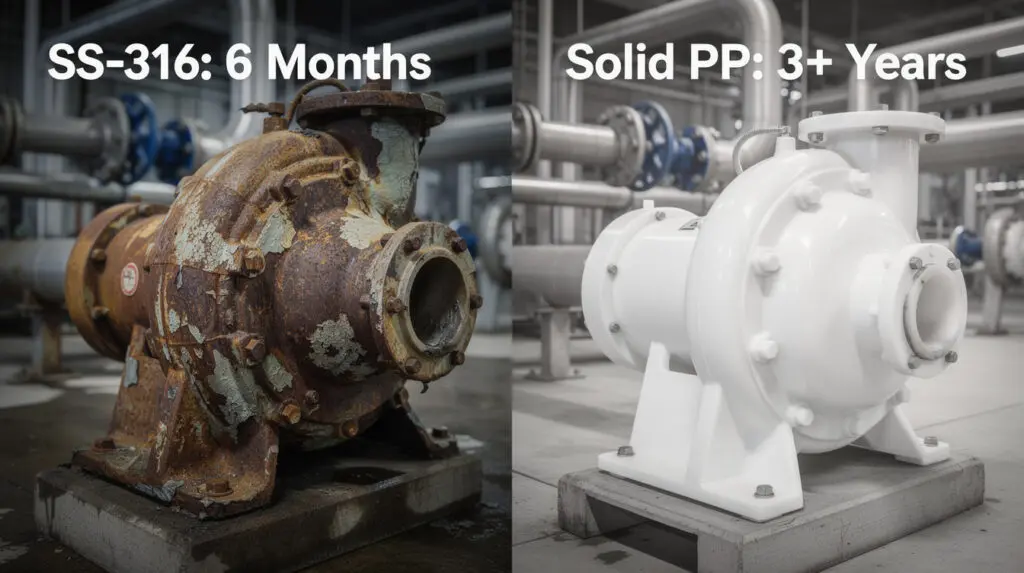 Comparison of corroded stainless steel pump versus durable PP pump in acid transfer